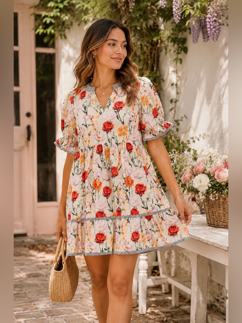 Umgee Floral Puff Sleeve Babydoll Mini Dress Romantic Spring Summer Size M